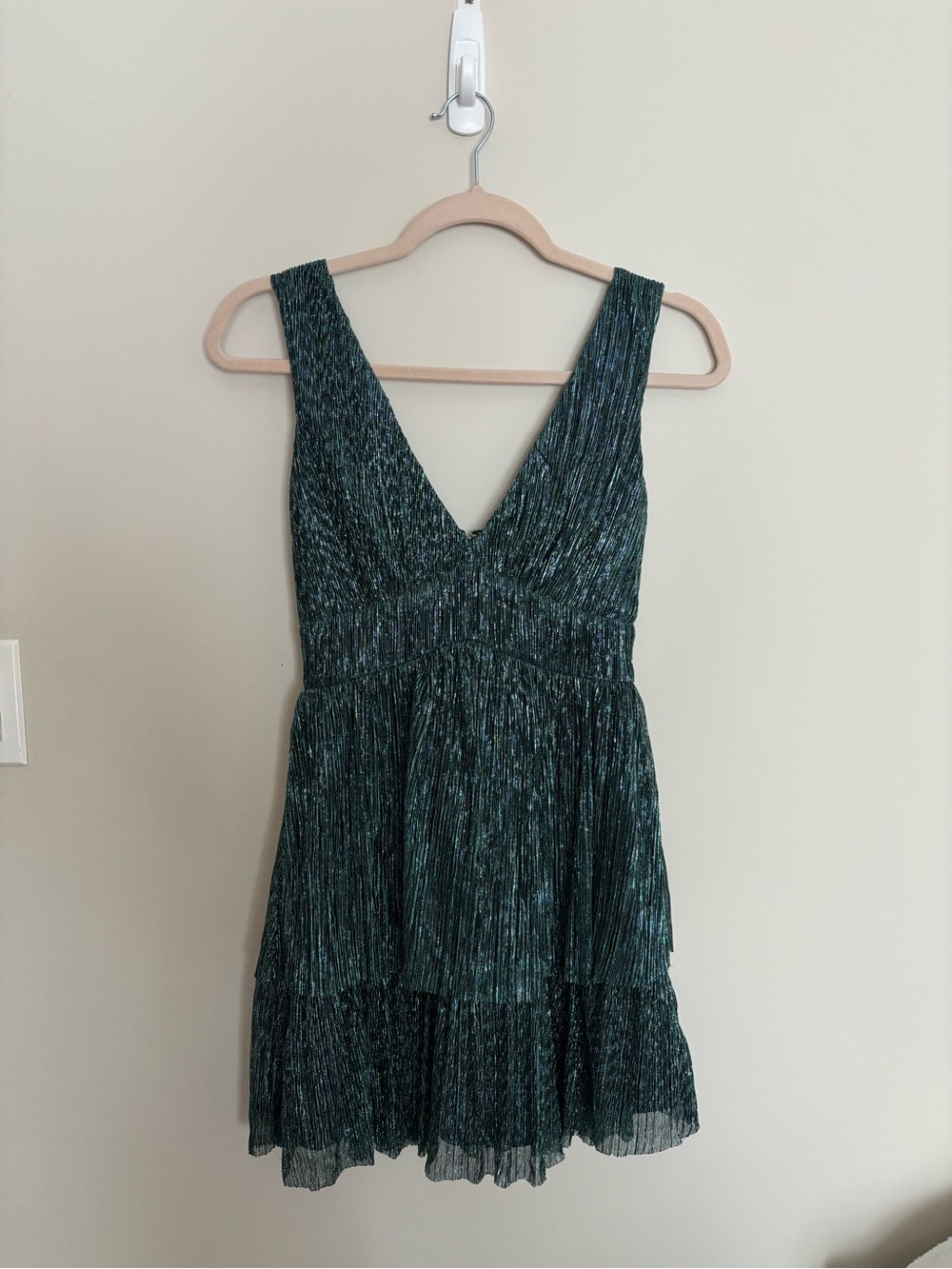 V-Neck Shimmer Mini Dress in Deep Green